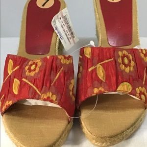 Red and Golden Floral Basket Weave Wedges